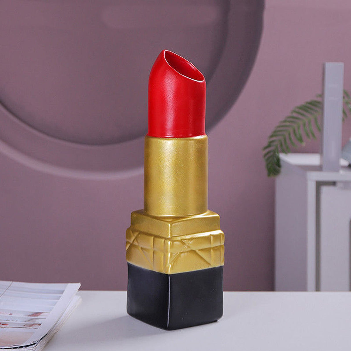 Creative Lipstick Shape Vase Beautiful Resin Exquisite Realistic Lipstick Shape Decorative Vase for Book Shop Coffee Shop Gold