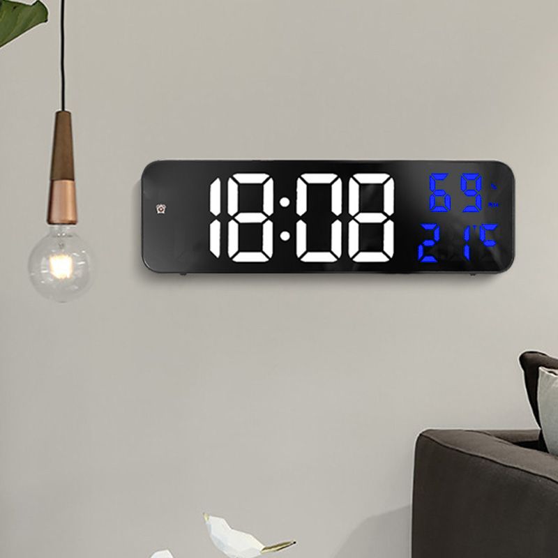 Mirror Large Digital LED Clock Home Electronic Alarm Clock Large Screen Plug in Clock Wall Mounted White and Blue