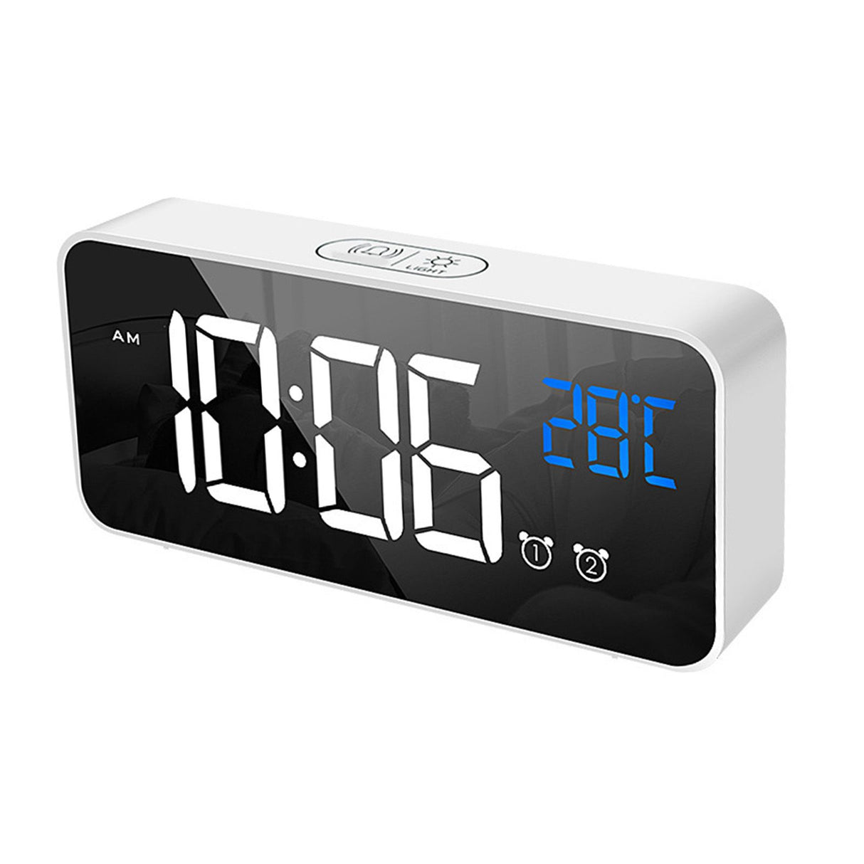 LED Alarm Electric Clock Multifunctional Exquisite Mirrored Surface Silent Bedside Clock for Home Bedroom Office Decor White