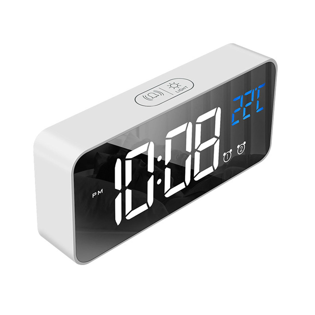 LED Alarm Electric Clock Multifunctional Exquisite Mirrored Surface Silent Bedside Clock for Home Bedroom Office Decor White