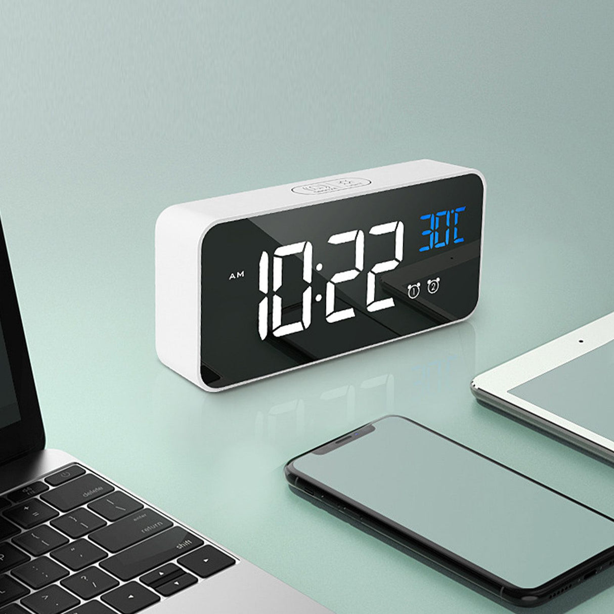 LED Alarm Electric Clock Multifunctional Exquisite Mirrored Surface Silent Bedside Clock for Home Bedroom Office Decor White