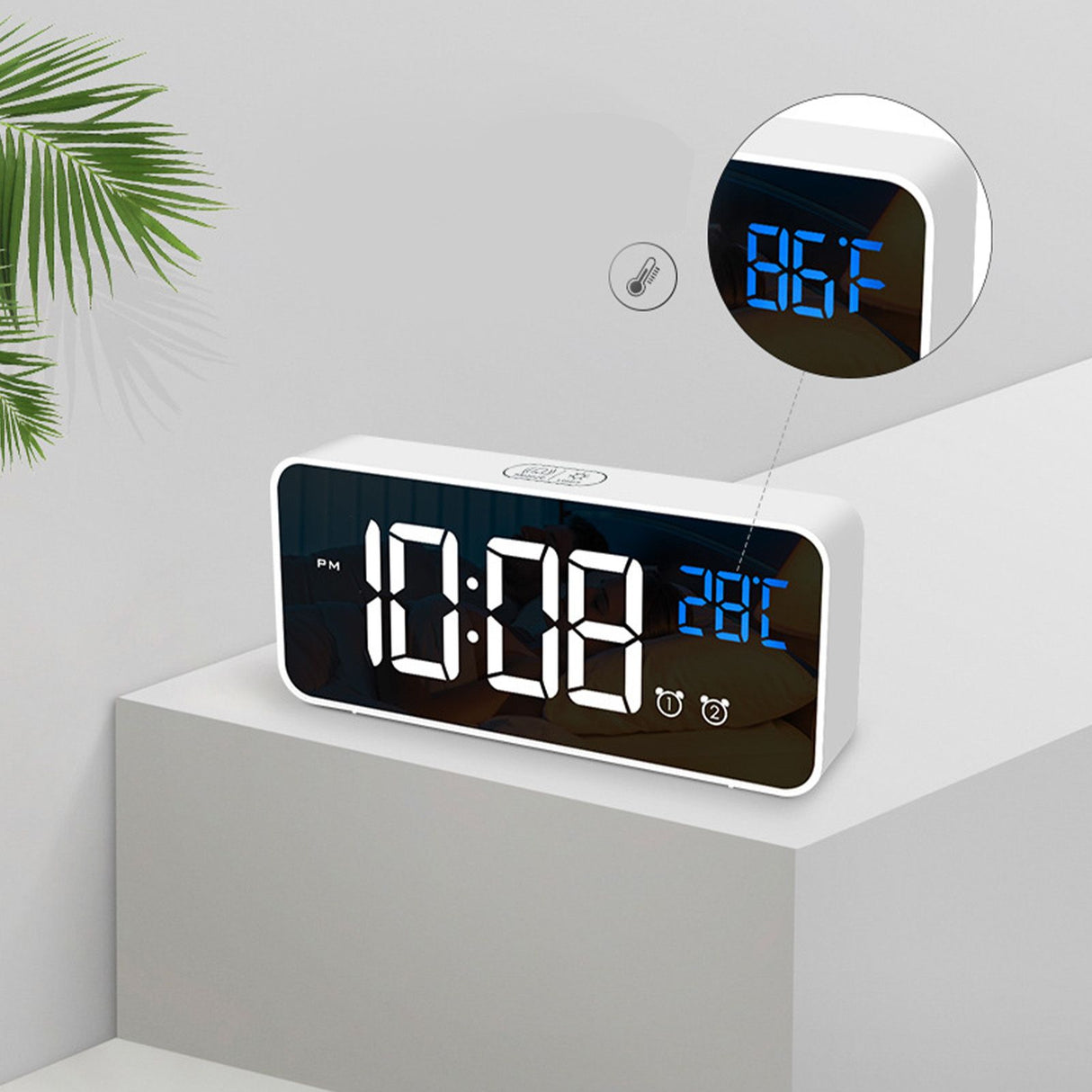 LED Alarm Electric Clock Multifunctional Exquisite Mirrored Surface Silent Bedside Clock for Home Bedroom Office Decor White