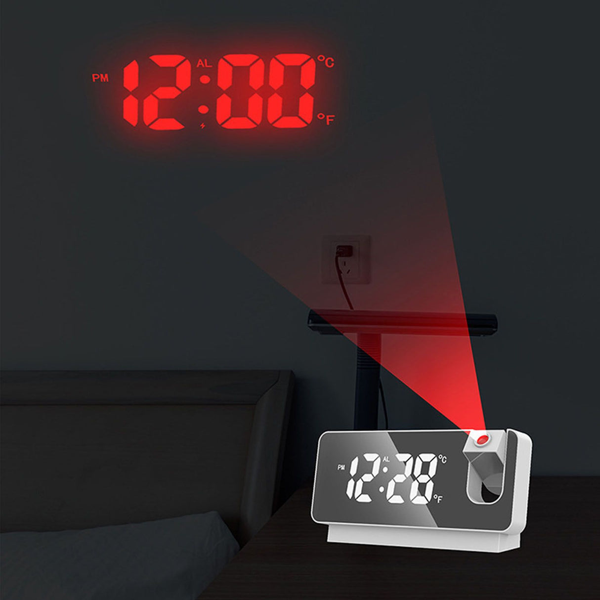 Projection Alarm Clock 360 Degree Flexible Adjust Creative LED Mirror Digital Clock with Temperature Display Power Off Memory White