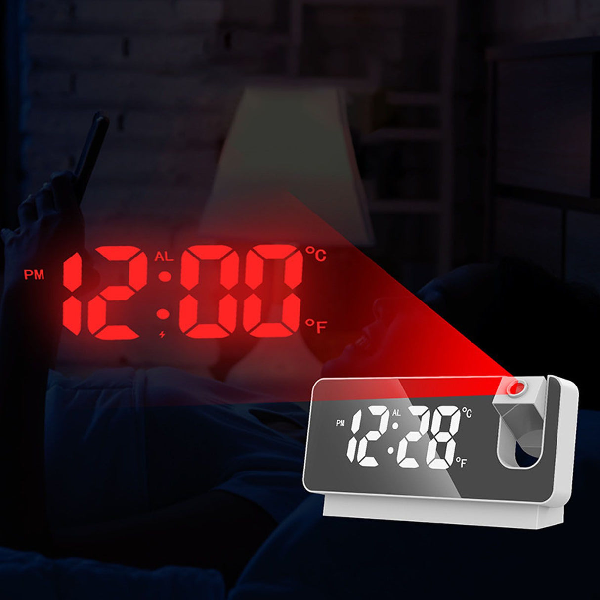 Projection Alarm Clock 360 Degree Flexible Adjust Creative LED Mirror Digital Clock with Temperature Display Power Off Memory White