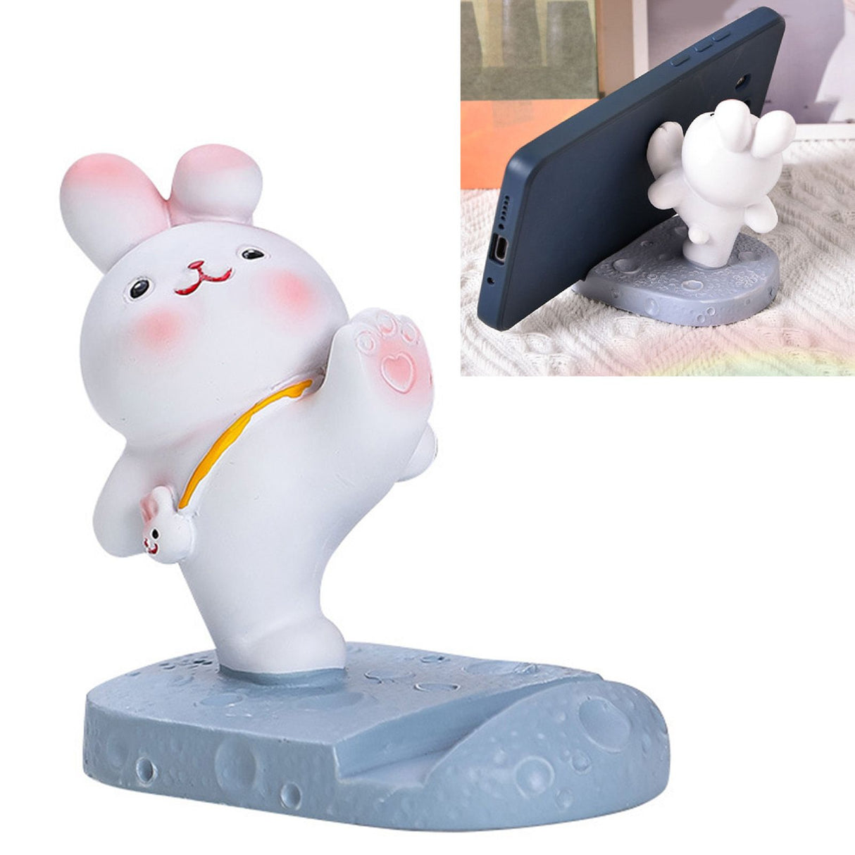 Cute Rabbit Cell Phone Stand Cartoon Resin Bunny Phone Holder Desk for Student Room Decoration Kicking