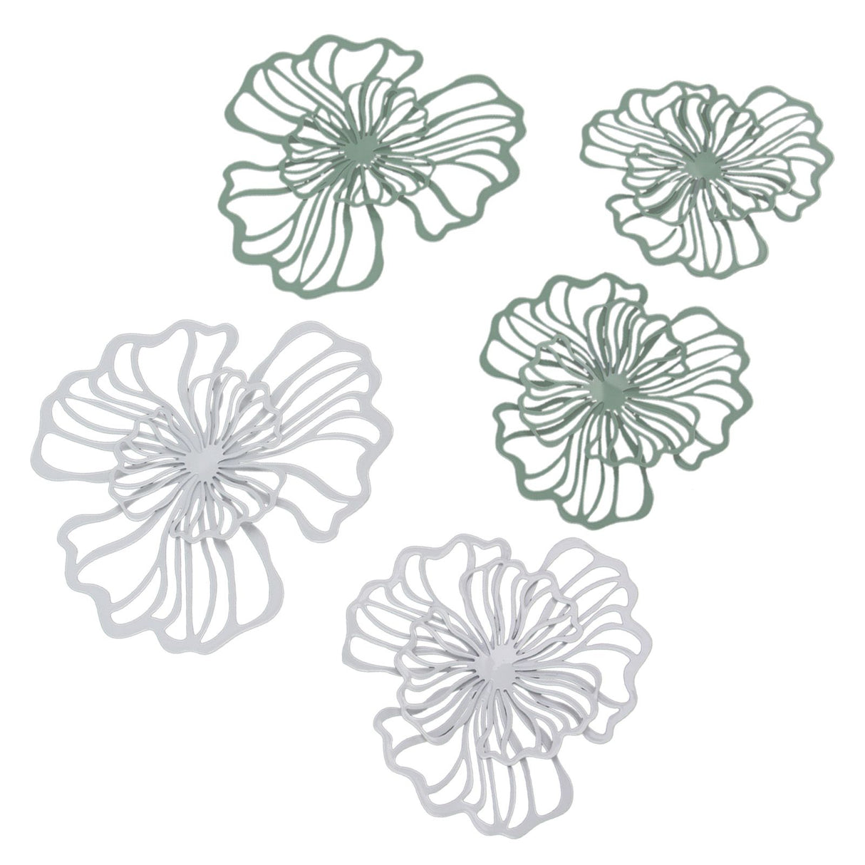 5PCS Metal Flower Wall Decor Iron Wall Art White Green 2 Layer Hollow Hanging Decor for Wall Living Room Office