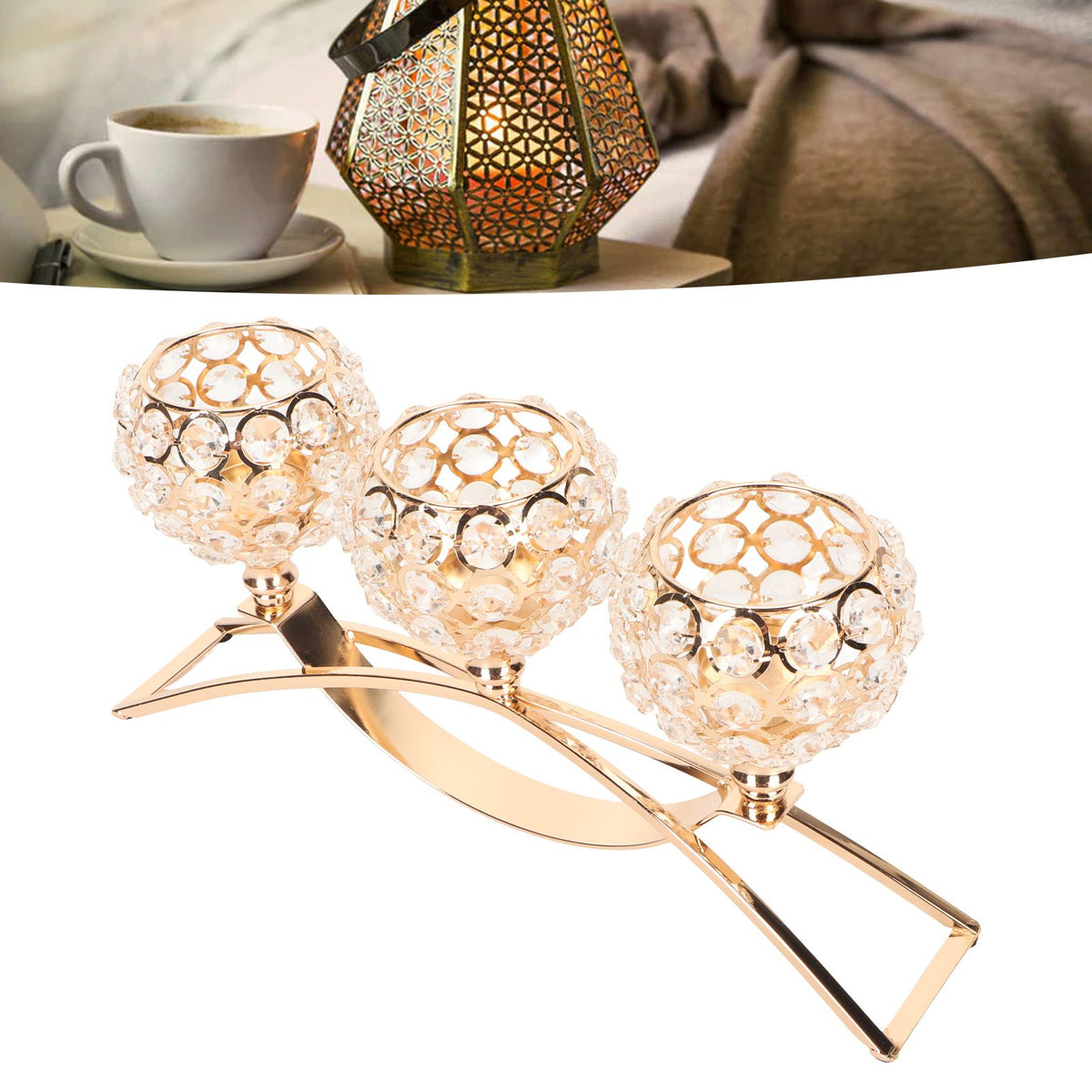 Crystal Candle Holder 3 Heads Windproof European Style Stable Durable Gold Candle Holder for Wedding Party New Year