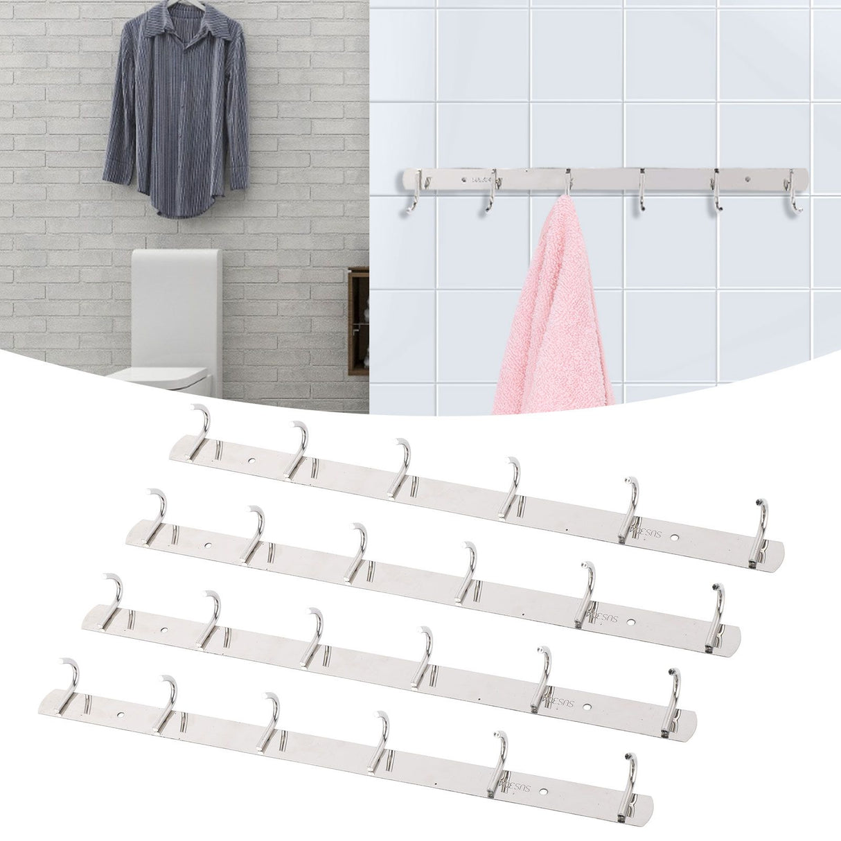 4 Pcs 6 Hooks Stainless Steel Cloak Hanger Wall Mounted Hanging Coat Rack for Laundry Rooms Entryways