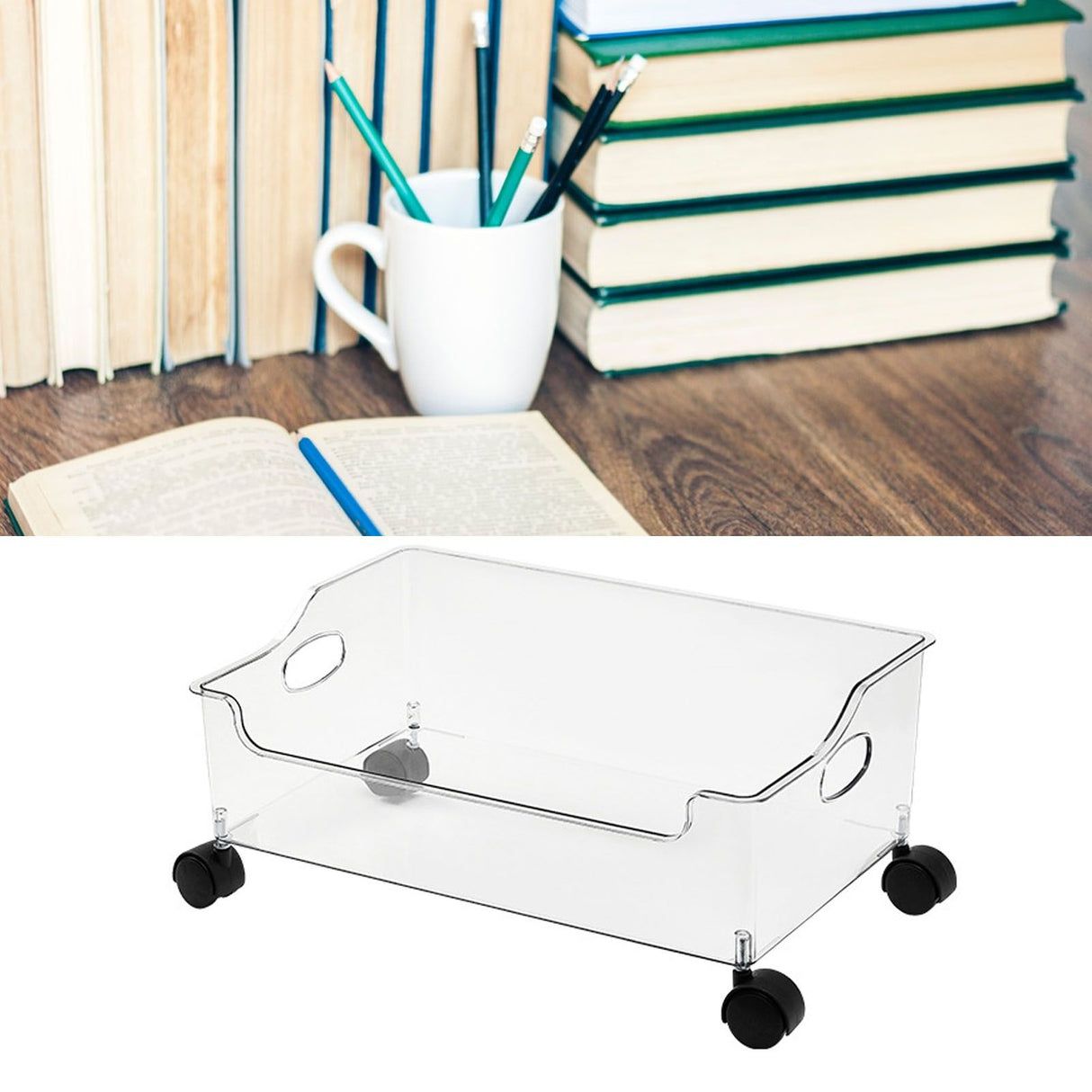 Wheeled Storage Containers Plastic Transparent Under Desk Book Storage Box with Roller for School Dorm Office Bedroom