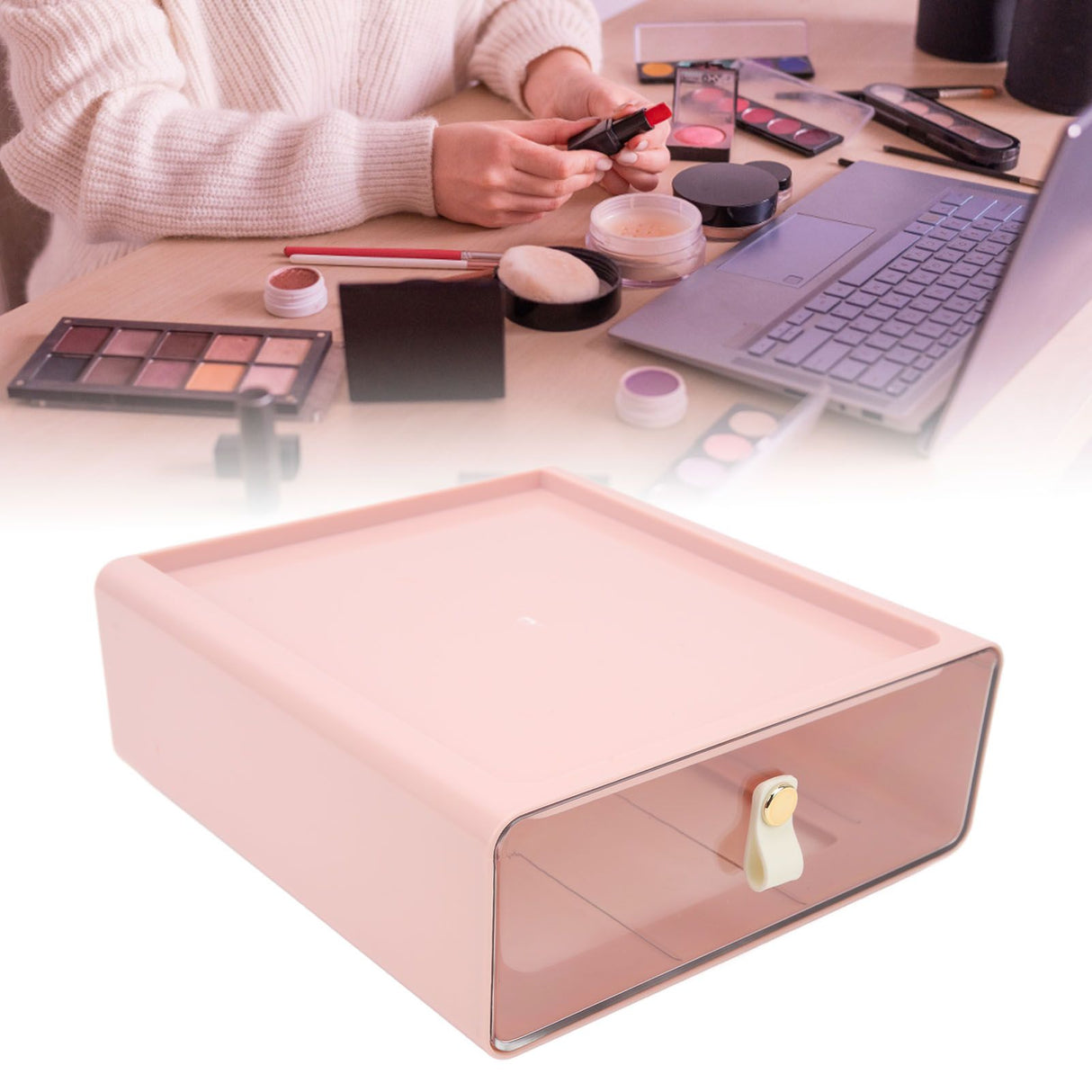 Clear Drawer Storage Box Large Capacity Desktop Drawer Storage Container Organizer for Office Pink