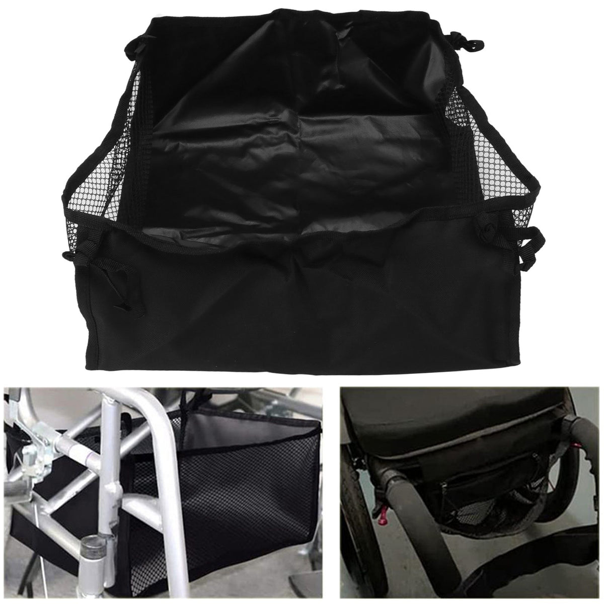 Wheelchair Underneath Bag 600D Oxford Cloth Movable Under Seat Basket for Rollator Walker Black