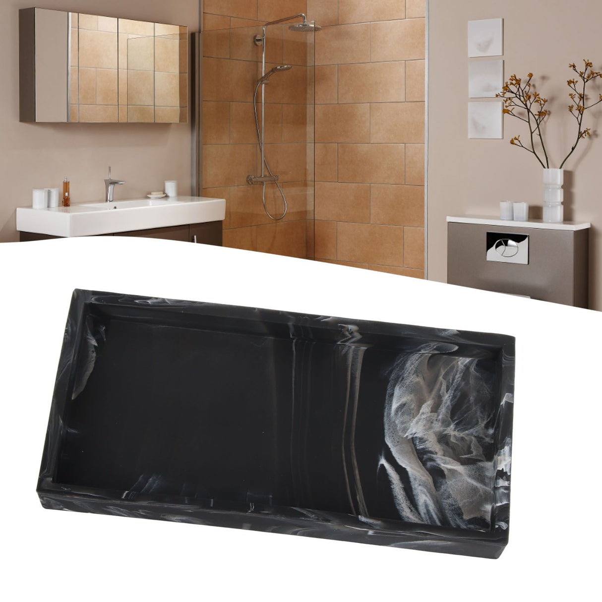 Silicone Storage Tray Shatterproof Key Finger Ring Countertop Sink Vanity Soap Dispenser Tray for Bathroom Marbling Black
