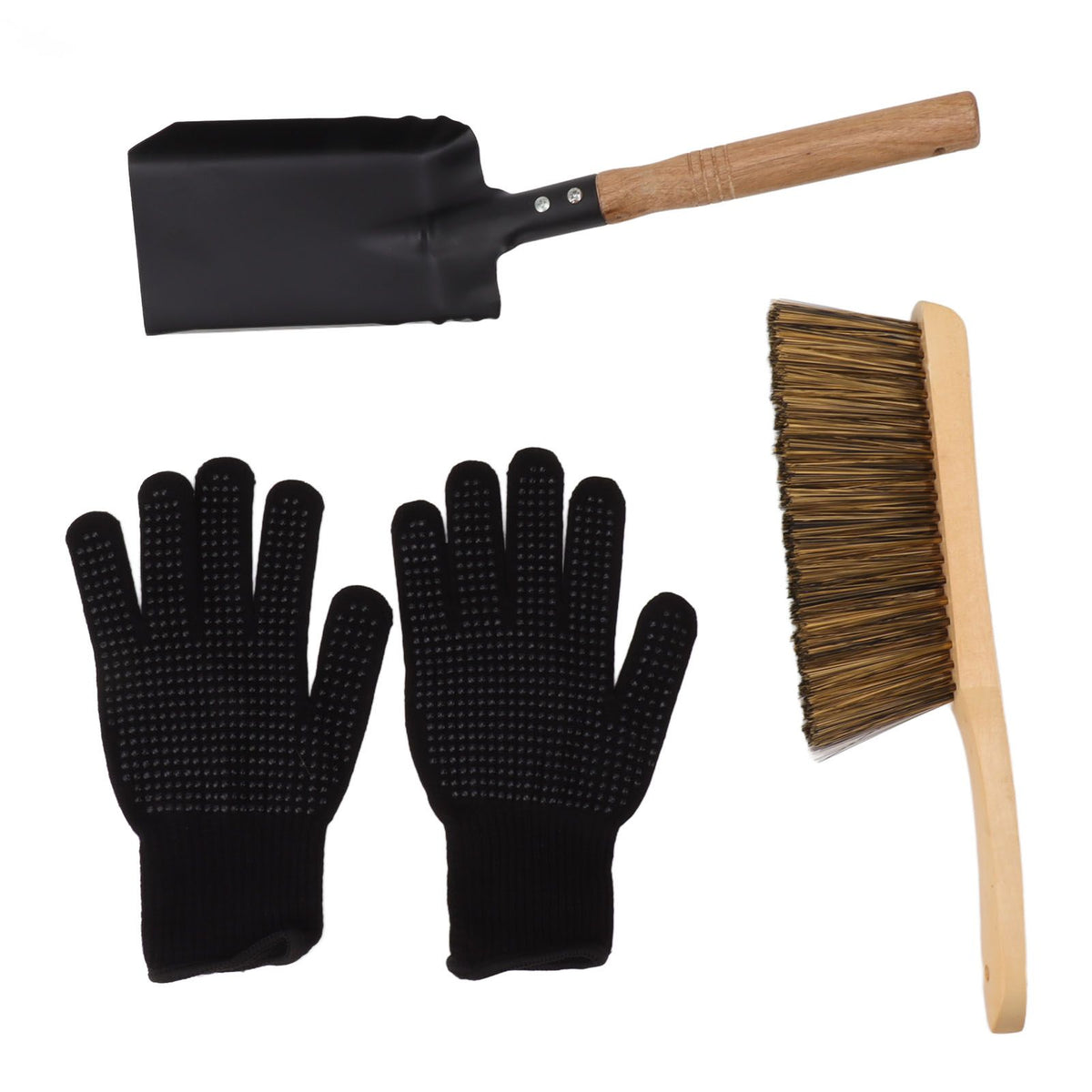 Fireplace Ash Shovel Brush Set Coal Hearth Clean Tools for Home with Black Silicone Gloves