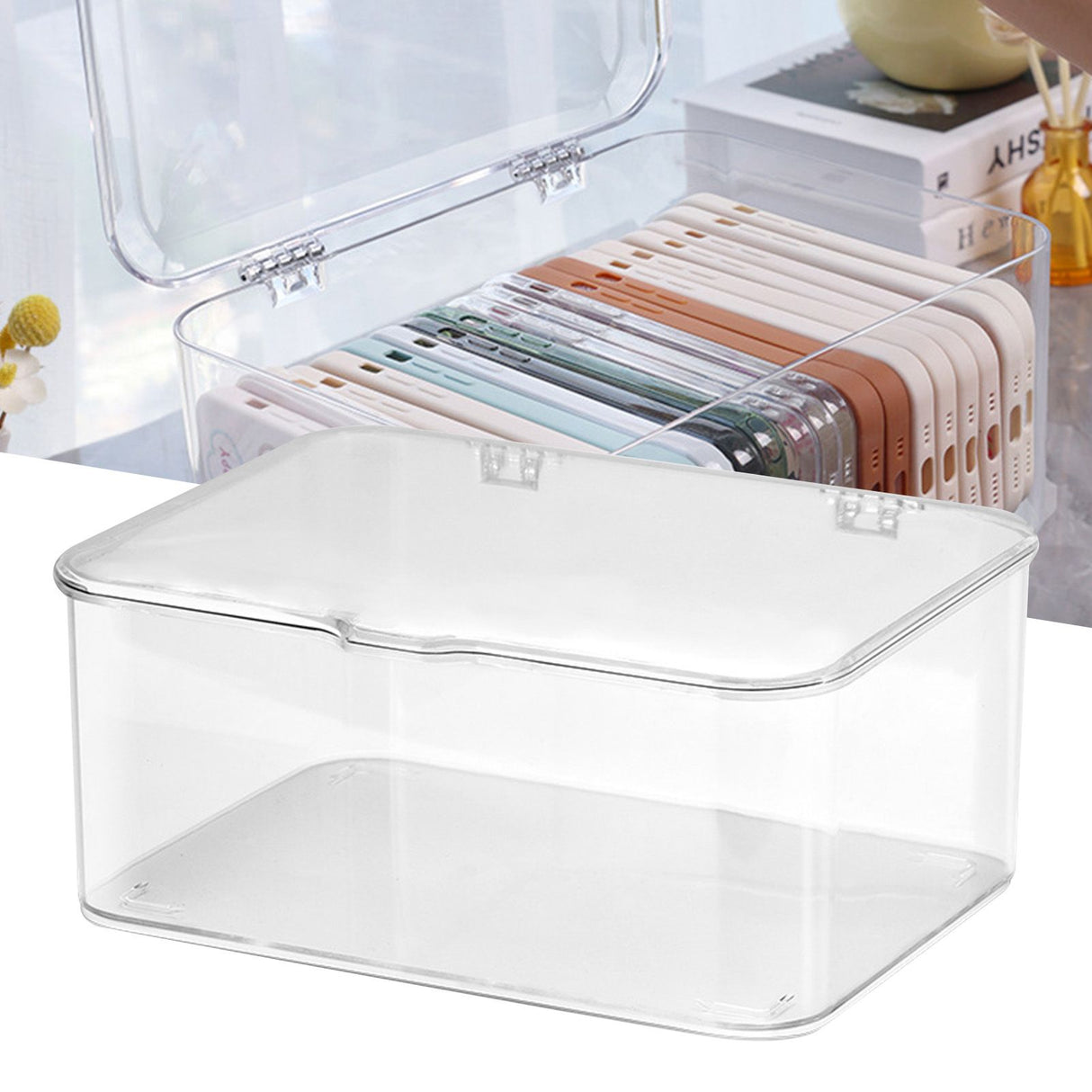 Desk Storage Box Plastic Large Capacity Dustproof Multi Functional Phone Case Storage Holder with Lid Transparent
