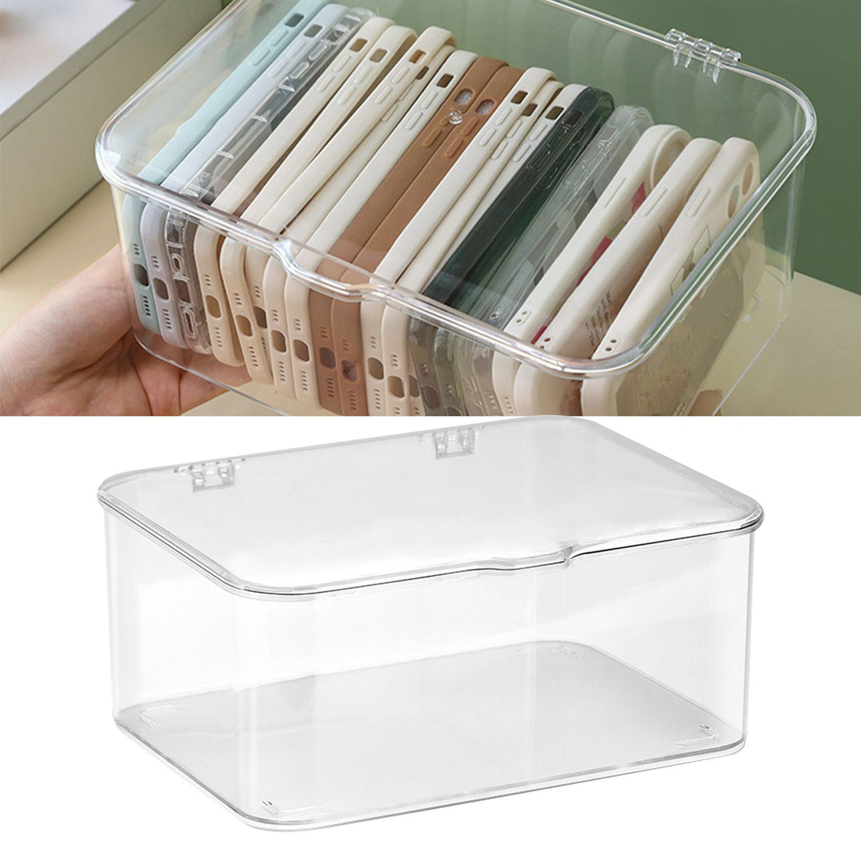 Desk Storage Box Plastic Large Capacity Dustproof Multi Functional Phone Case Storage Holder with Lid Transparent
