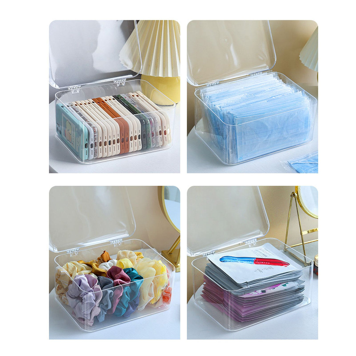 Desk Storage Box Plastic Large Capacity Dustproof Multi Functional Phone Case Storage Holder with Lid Transparent