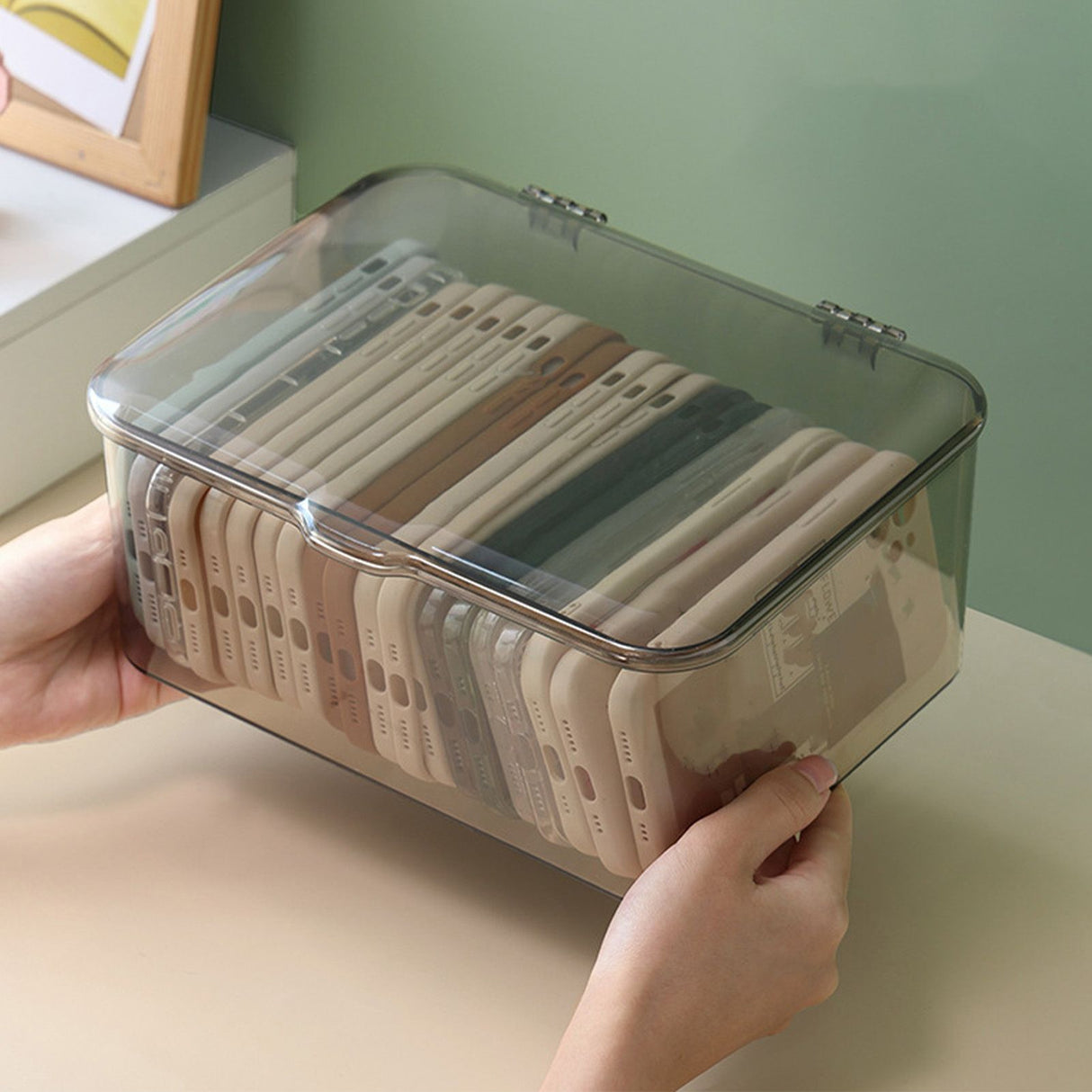 Desk Storage Box Plastic Large Capacity Dustproof Multi Functional Phone Case Storage Holder with Lid Light Gray