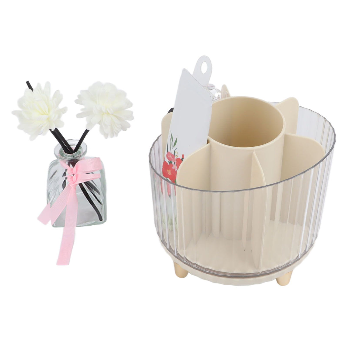 Rotating Makeup Brush Holder 360 Degree Rotating Makeup Brush Organizer Desktop Large Capacity Lipstick Cosmetics Storage Box Cream White