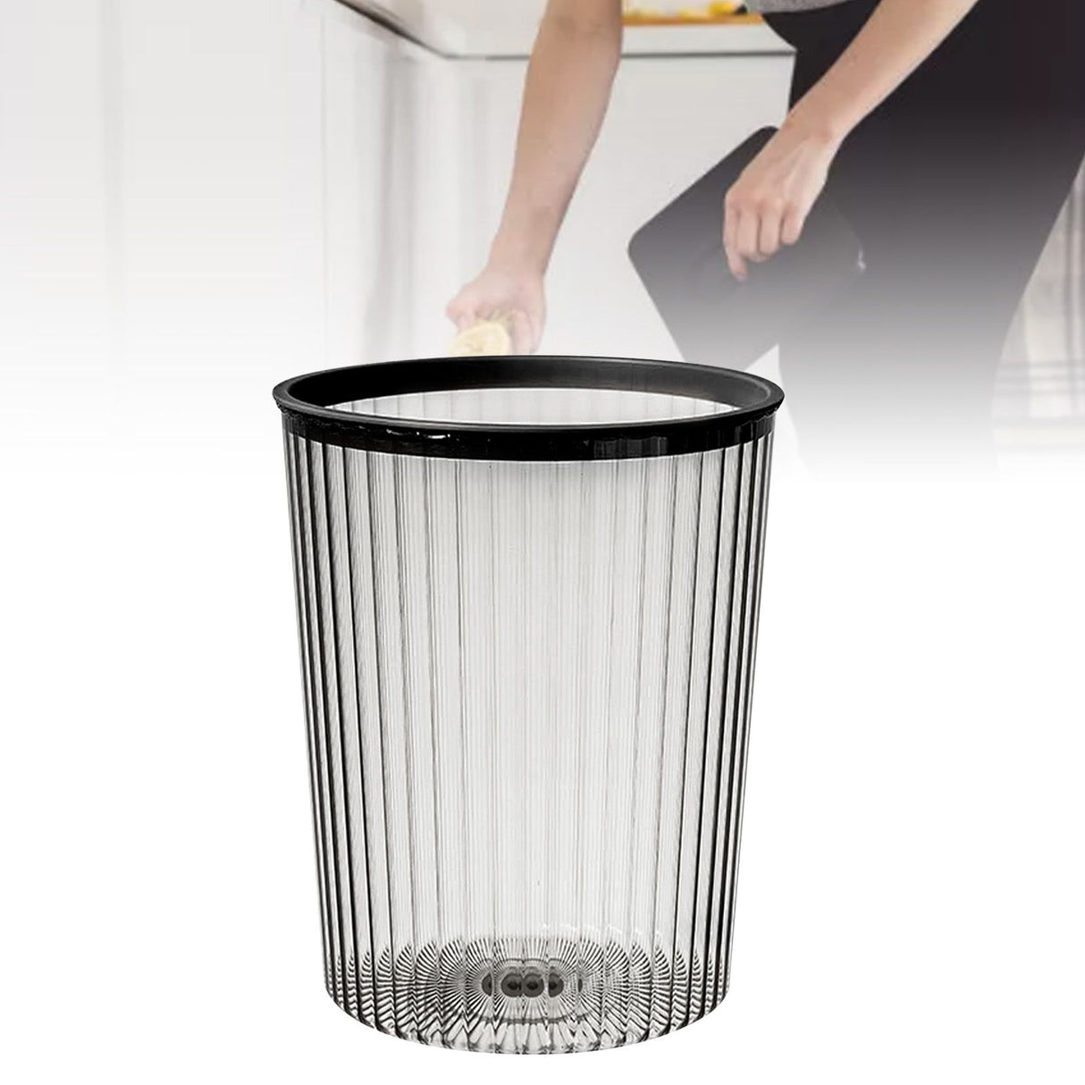 Transparent Garbage Bin with Top Ring Easy Attached Lid Free Large Capacity Trash Bin Can for Household Black