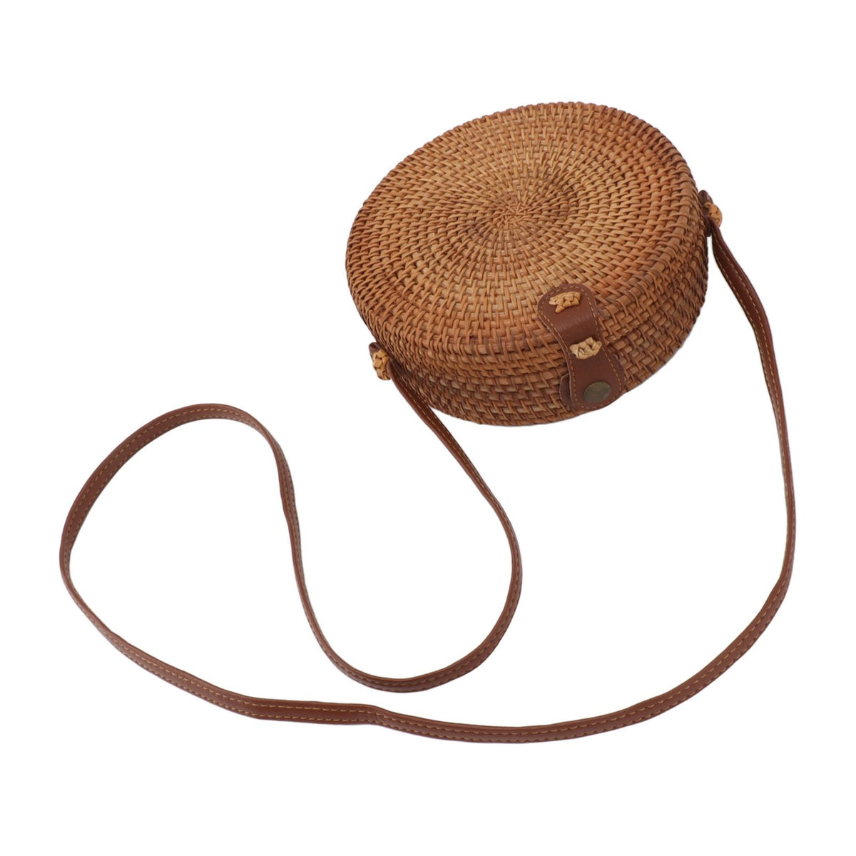 Handwoven Round Rattan Bag Tropical Beach Style Woven Shoulder Rattan Bag with Leather Strap 20cm Diameter Plain Colour Leather Buckle with Lining