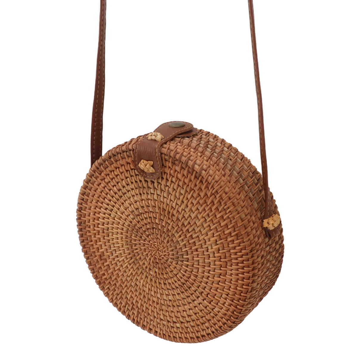 Handwoven Round Rattan Bag Tropical Beach Style Woven Shoulder Rattan Bag with Leather Strap 20cm Diameter Plain Colour Leather Buckle with Lining