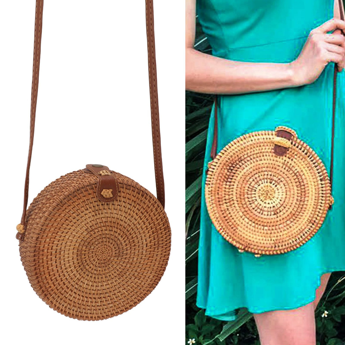 Handwoven Round Rattan Bag Tropical Beach Style Woven Shoulder Rattan Bag with Leather Strap 20cm Diameter Plain Colour Leather Buckle with Lining
