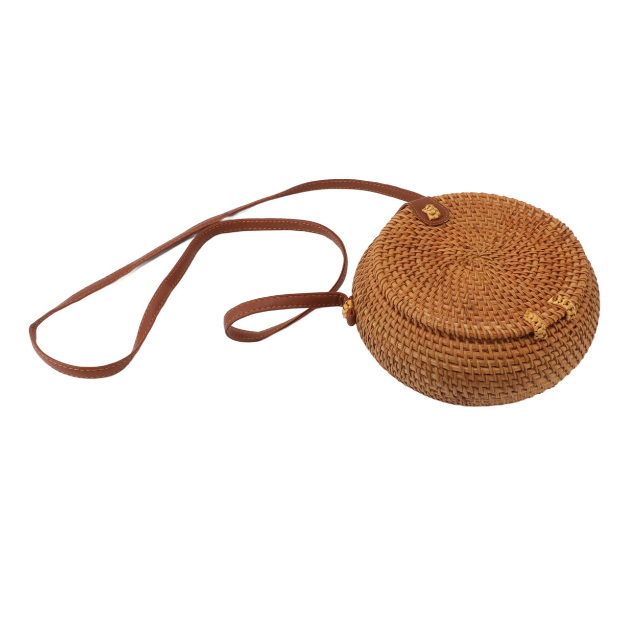 Handwoven Round Rattan Bag Tropical Beach Style Woven Shoulder Rattan Bag with Leather Strap 20cm Diameter Natural Color Oval with Lining