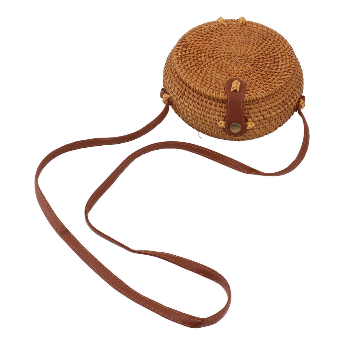 Handwoven Round Rattan Bag Tropical Beach Style Woven Shoulder Rattan Bag with Leather Strap 20cm Diameter Natural Color Oval with Lining