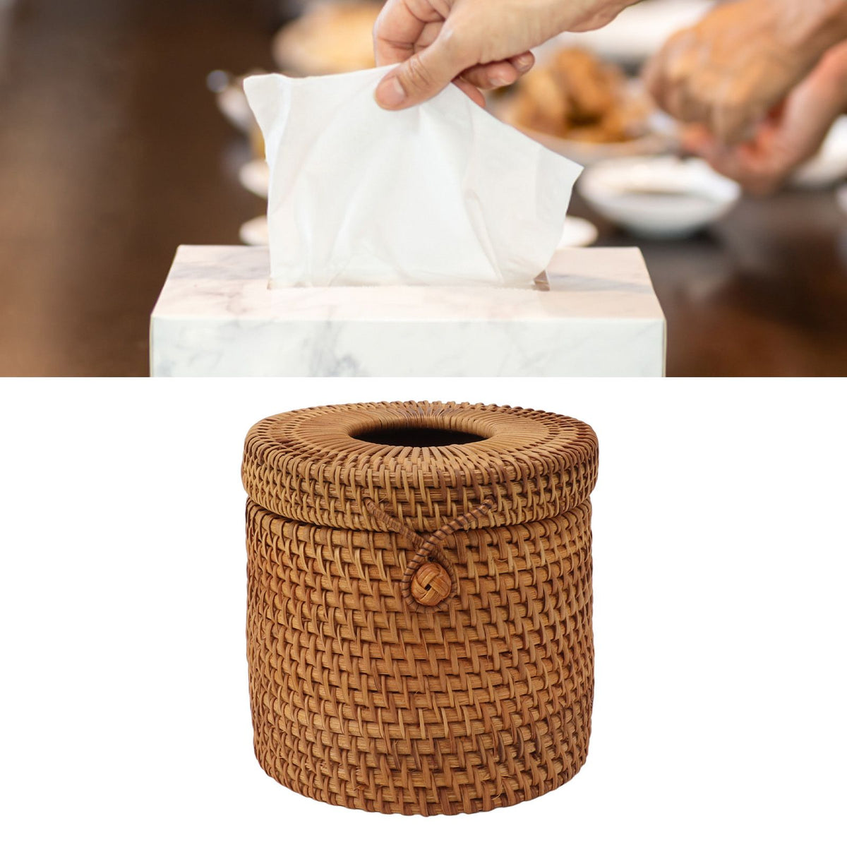 Rectangular Rattan Tissue Box Cover Rattan Woven Tissue Box Holder for Bathroom Organizer Countertop Bedroom Living Room Car Office Cylinder Style
