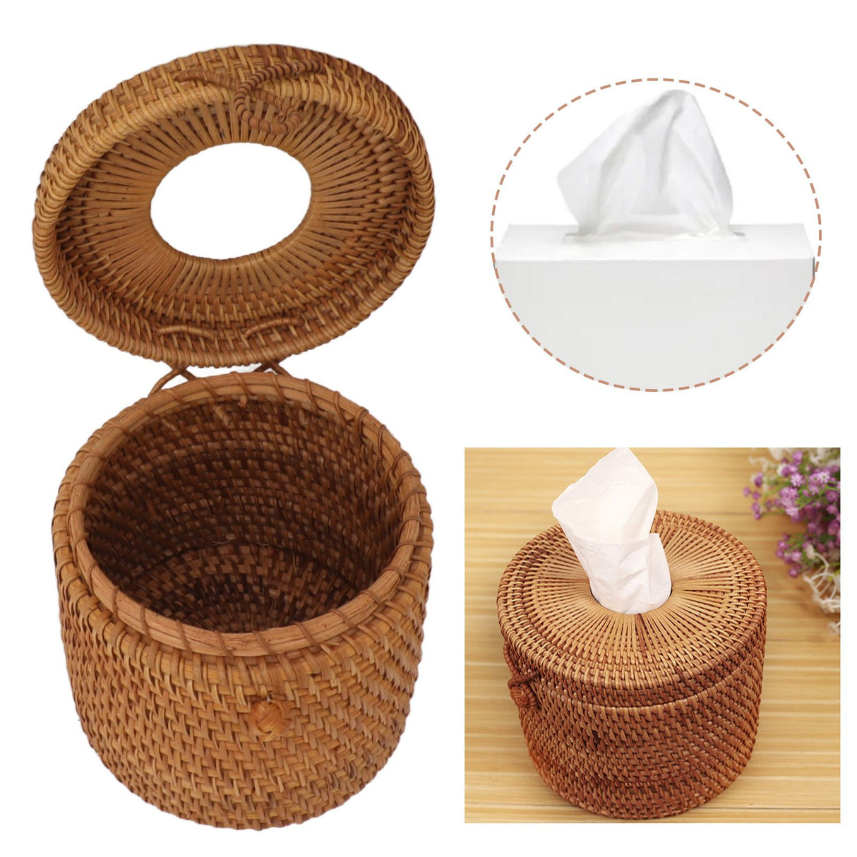 Rectangular Rattan Tissue Box Cover Rattan Woven Tissue Box Holder for Bathroom Organizer Countertop Bedroom Living Room Car Office Cylinder Style