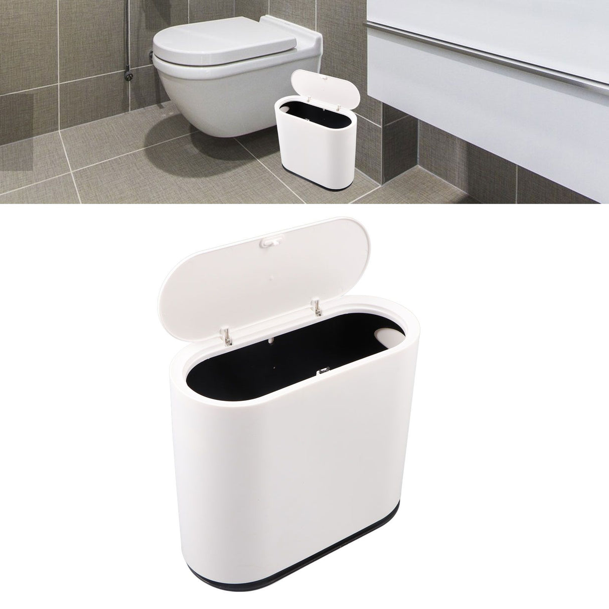 Plastic Trash Can with Press Type Lid Big White Garbage Container Bin for Bathroom Bedroom Kitchen Office