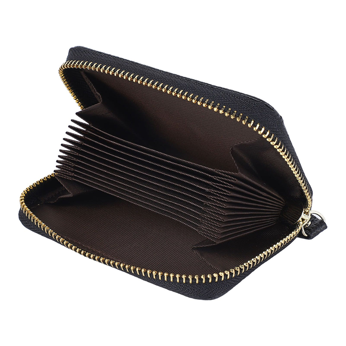 Card Wallet Black Leather 10 Slots Zipper Compact Transparent Window Card Holder for Travel Daily Outdoor