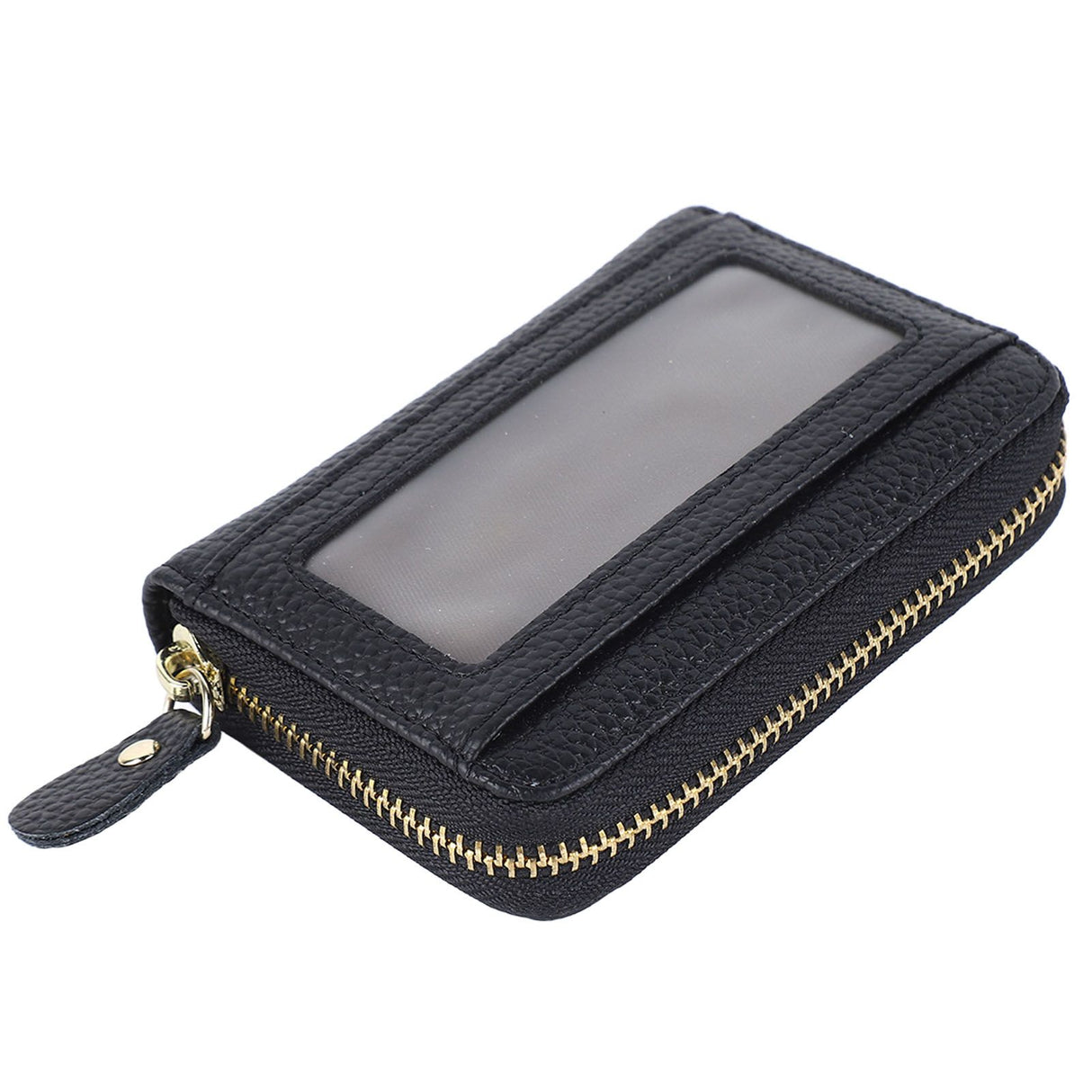 Card Wallet Black Leather 10 Slots Zipper Compact Transparent Window Card Holder for Travel Daily Outdoor