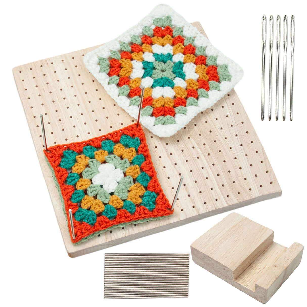 9.3in Rubber Wooden Crochet Blocking Board Crochet Accessories with 20pcs Steel Pins Stand for Knitting Crochet Projects