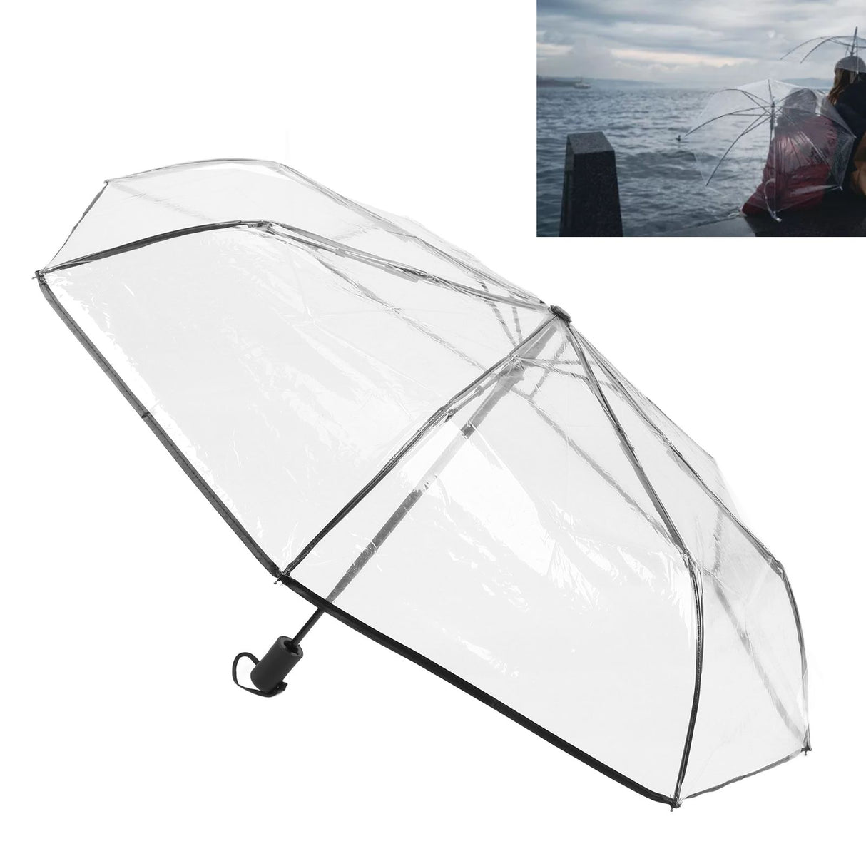 Clear Automatic Foldable Umbrella 8 Ribs 3 Folding Black Edging Transparent Auto Open Close Umbrella for Outdoor Travel Wedding