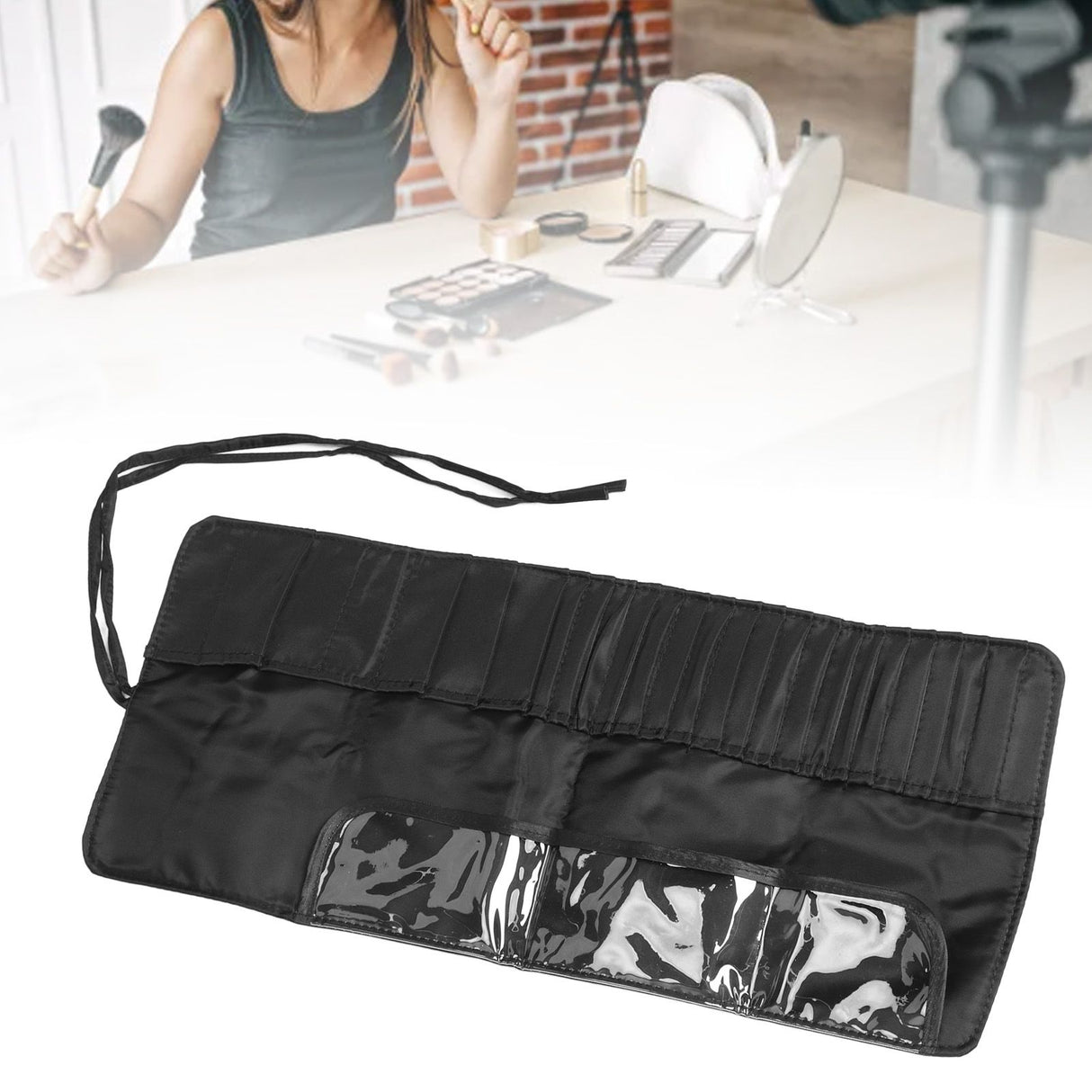 Makeup Brush Case 26 Holes Cosmetic Tool Storage Bag Black Large Capacity Waterproof Travel Makeup Brush Organizer