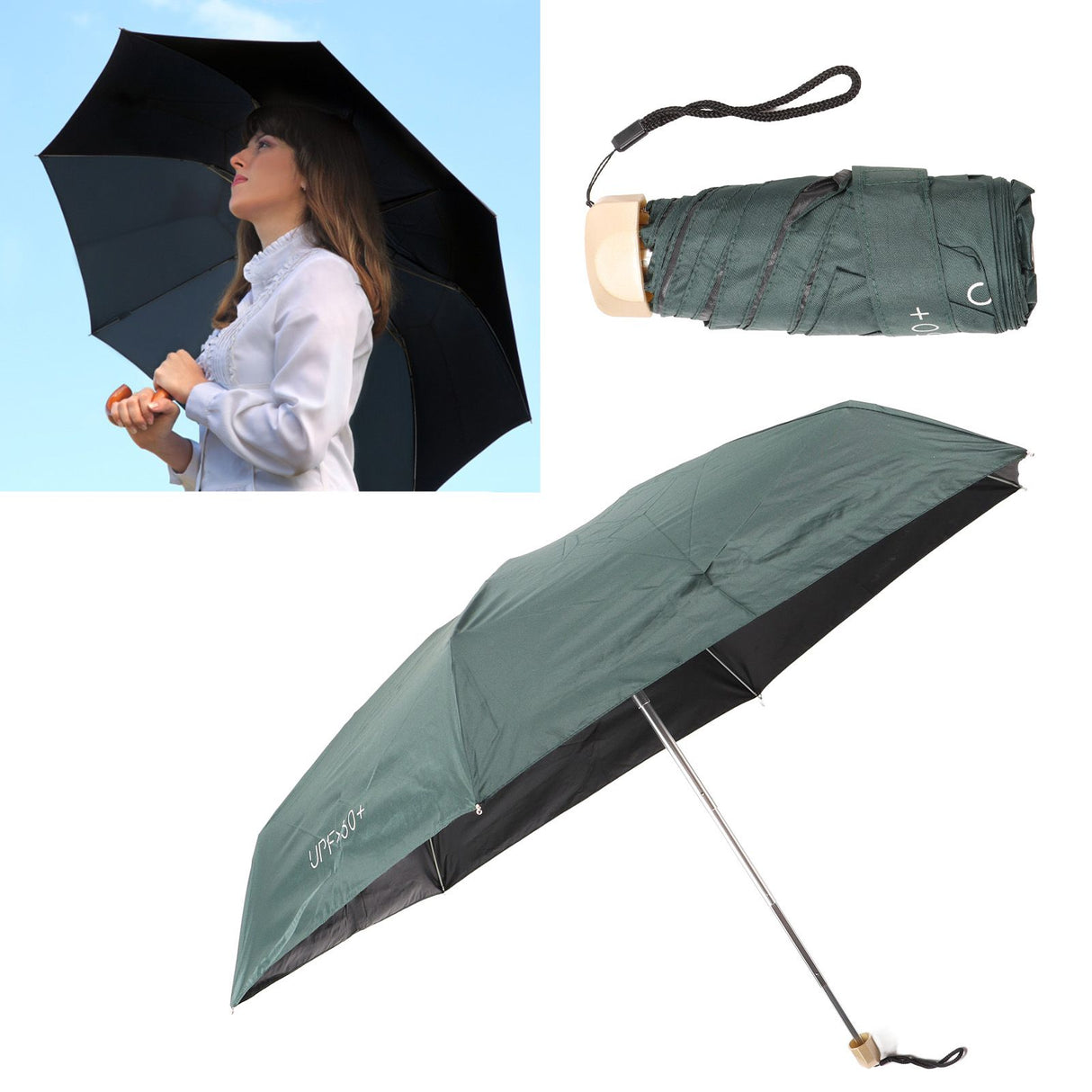 6 Ribs Umbrella Sun Protection UPF50 Impact Cloth Portable Folding Umbrella for Sunny Rainy Dark Green