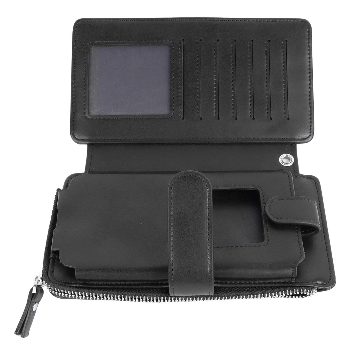 Long Wallet for Men PU Leather Frosted Retro Multifunctional Phone Card Holder Purse Business Handbag with Zipper and Strap Black