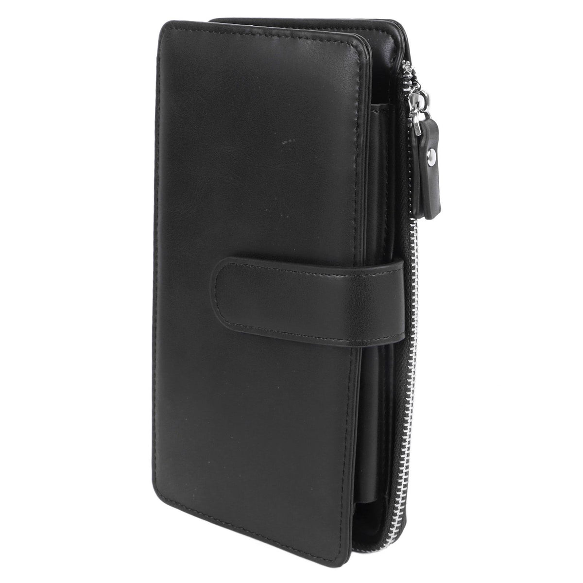 Long Wallet for Men PU Leather Frosted Retro Multifunctional Phone Card Holder Purse Business Handbag with Zipper and Strap Black