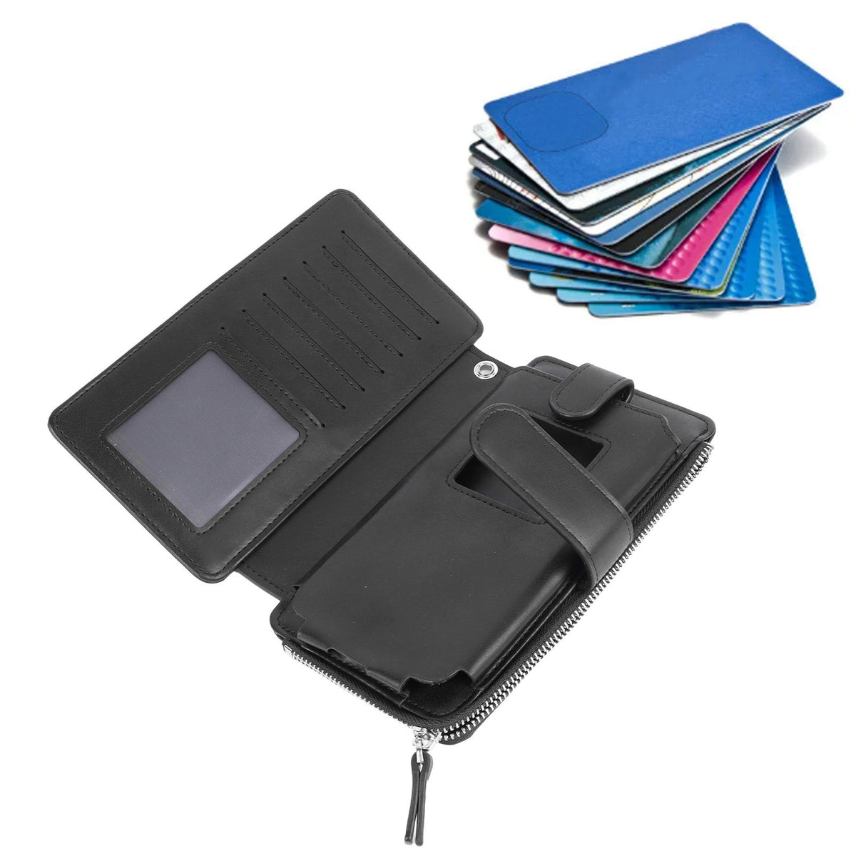 Long Wallet for Men PU Leather Frosted Retro Multifunctional Phone Card Holder Purse Business Handbag with Zipper and Strap Black