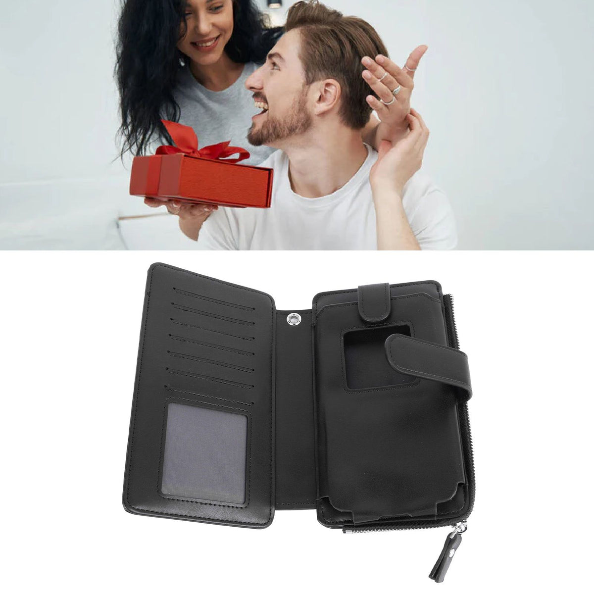 Long Wallet for Men PU Leather Frosted Retro Multifunctional Phone Card Holder Purse Business Handbag with Zipper and Strap Black