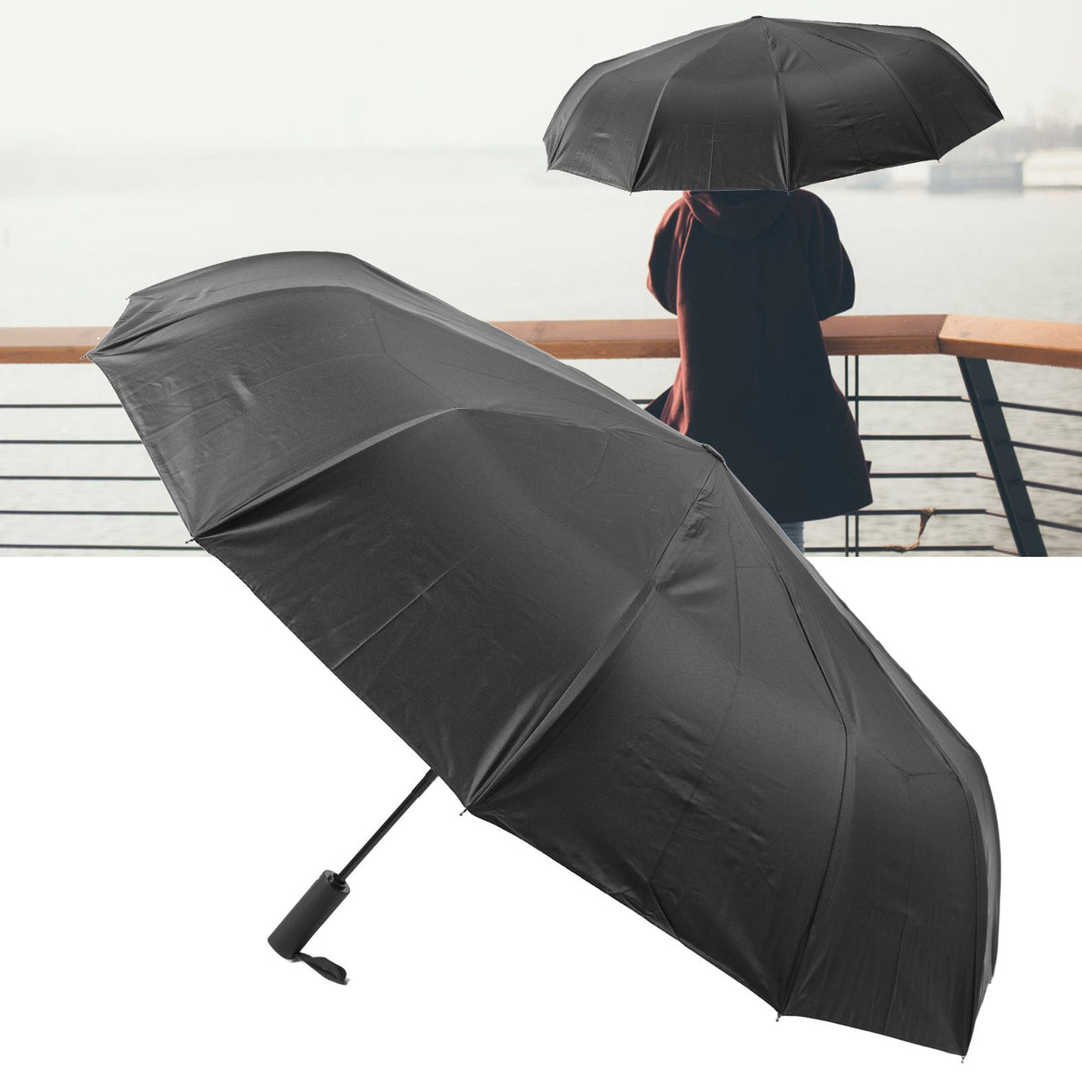 Sun Rain Umbrella 24 Rib Sun Blocking UV Protection Foldable Automatic Umbrella for Daily Travel Black