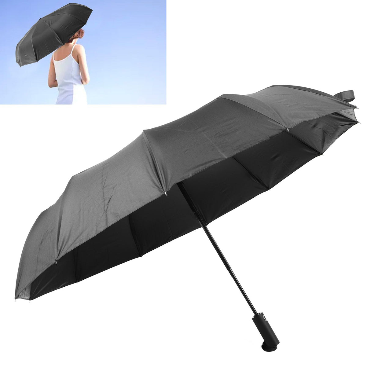 Sun Rain Umbrella 24 Rib Sun Blocking UV Protection Foldable Automatic Umbrella for Daily Travel Black