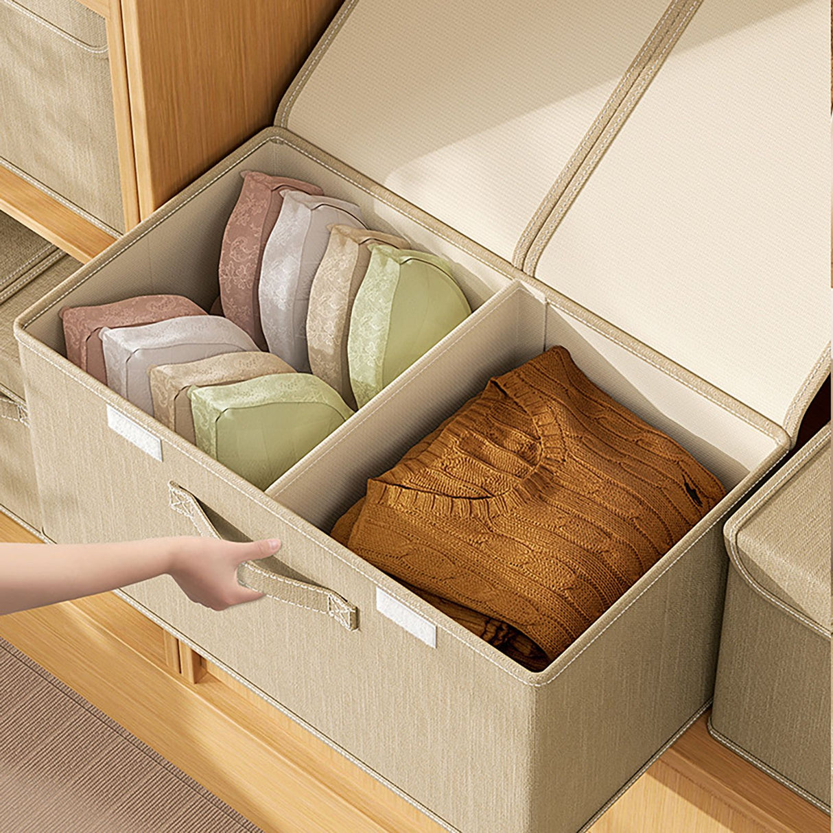 Underwear Socks Storage Organizer with Double Lid Foldable Thick Sock Underwear Storage Case for Socks Bras Ties Towels Khaki