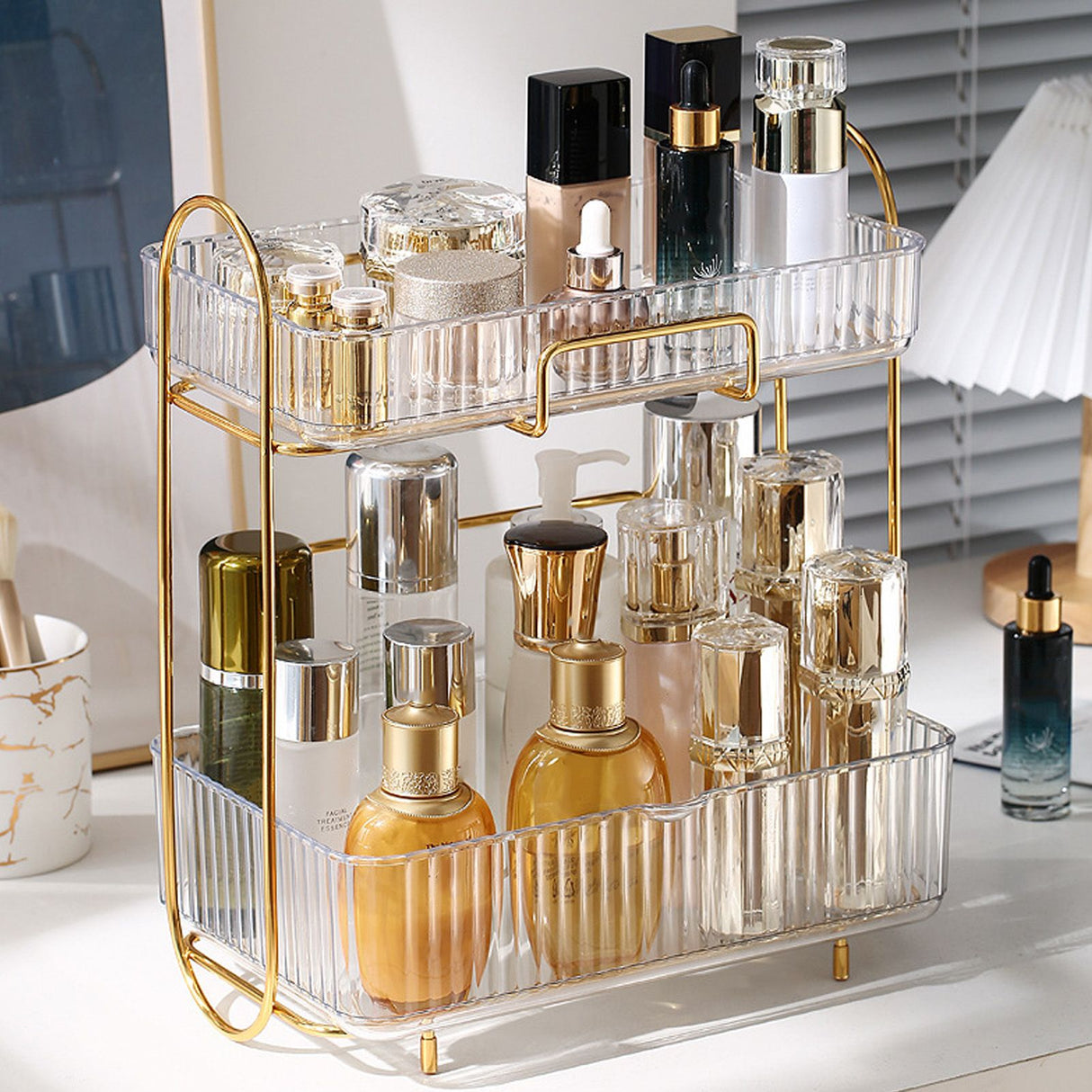 Makeup Organizer 2 Tier Bathroom Countertop Organizer Large Capacity Cosmetic Holder Shelf for Bedroom Dresser Transparent