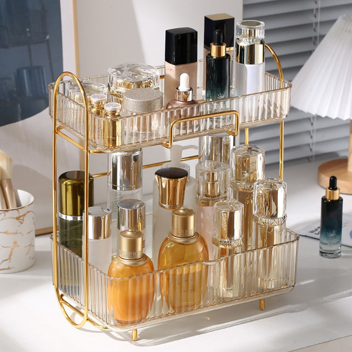 Makeup Organizer 2 Tier Bathroom Countertop Organizer Large Capacity Cosmetic Holder Shelf for Bedroom Dresser Amber