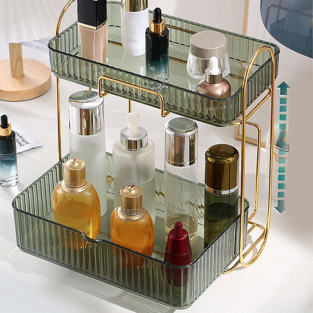 Makeup Organizer 2 Tier Bathroom Countertop Organizer Large Capacity Cosmetic Holder Shelf for Bedroom Dresser Green