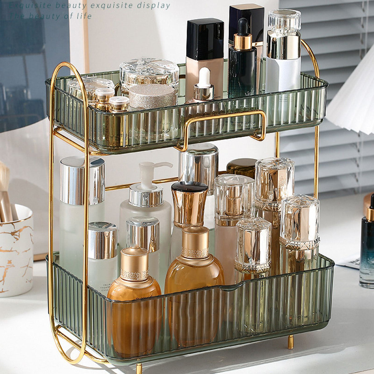 Makeup Organizer 2 Tier Bathroom Countertop Organizer Large Capacity Cosmetic Holder Shelf for Bedroom Dresser Green