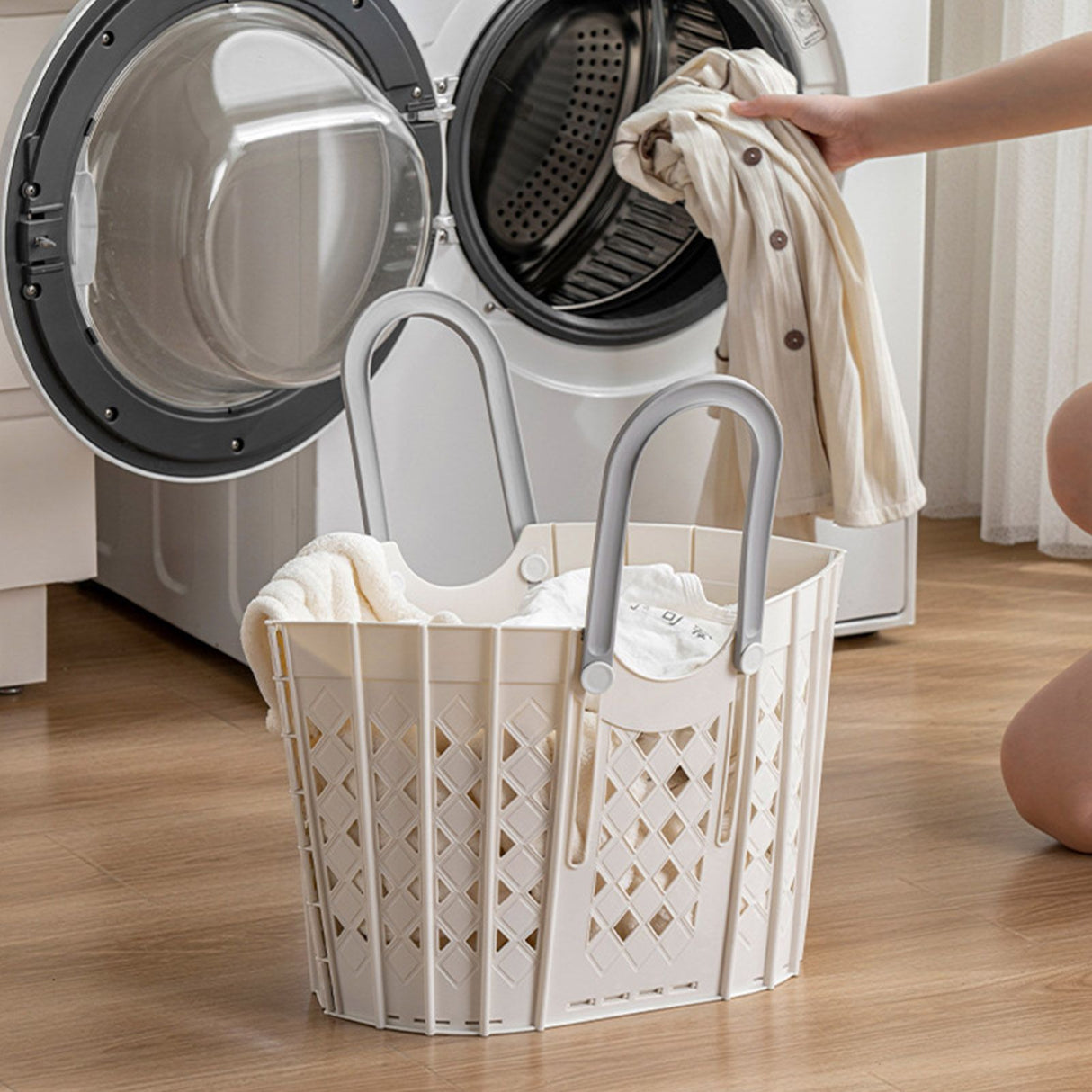 Laundry Basket Multifunction Plastic Foldable Clothes Hamper with Handles for Home Bathroom White