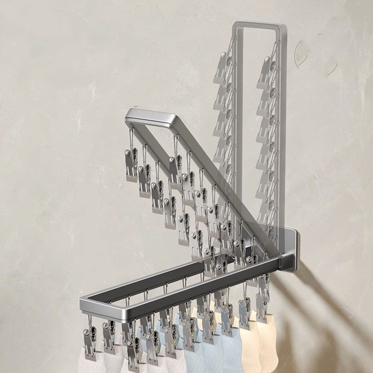Socks Hanger Wall Mounted Foldable Windproof Zinc Alloy Clip Drying Rack for Underwear Towel 16 Clips (43.3cm/17in)